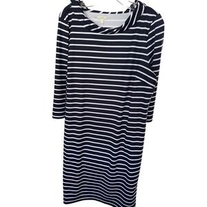 Talbots NWT Classic  Navy Blue Sheath Dress Zip Shoulders 3/4 Striped Cuff Large